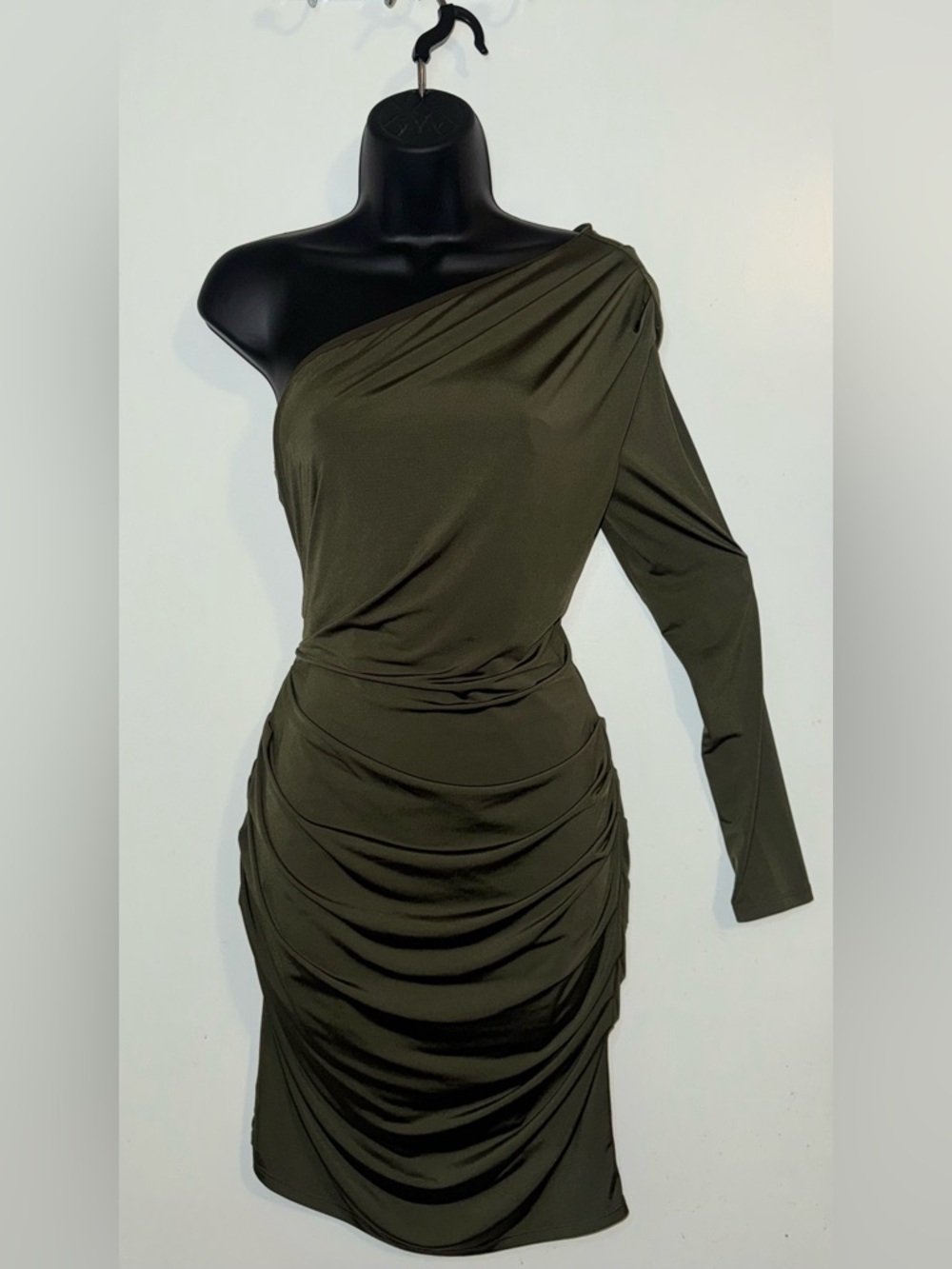 Express Body Contour One-Shoulder Ruched Olive Green Mini Dress